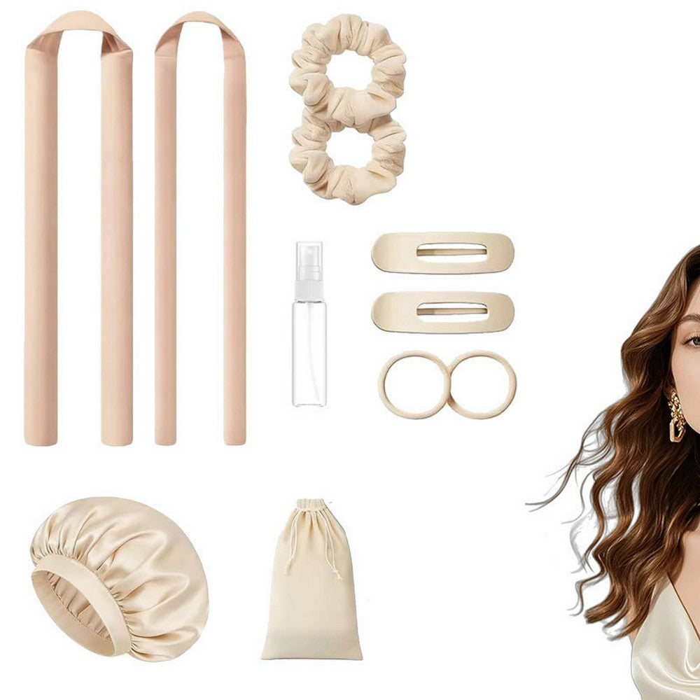 Heatless Curls Overnight 2 Sizes of Soft Hair Rollers with Scrunchies and Clips-Beige