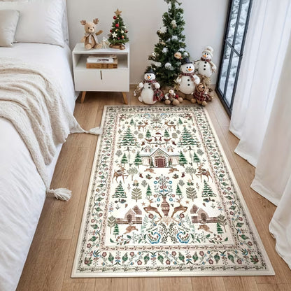Vintage Christmas Crystal Velvet Area Rug Non-Slip Living Room Floor Mat - White