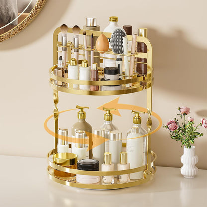 Rotating Makeup Organizer Double Layer with Brush Holder for Skincare Perfume-Gold