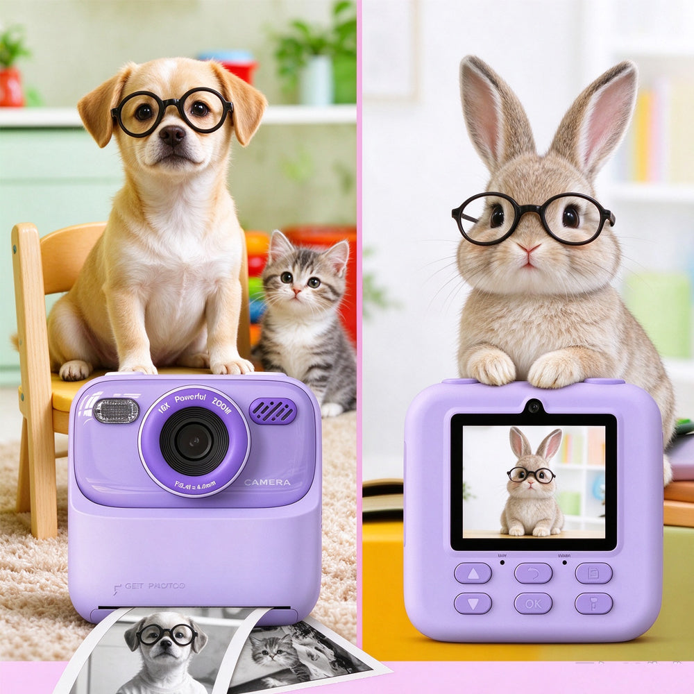 Instant Print Camera for Little Ones Dual Lens Digital Camera with 32G Card - Purple