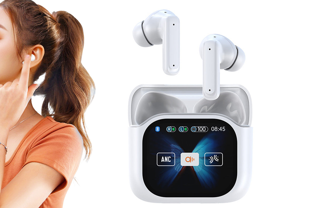 Bluetooth AI Translation Earbuds with LCD Touchscreen 150 Languages-White