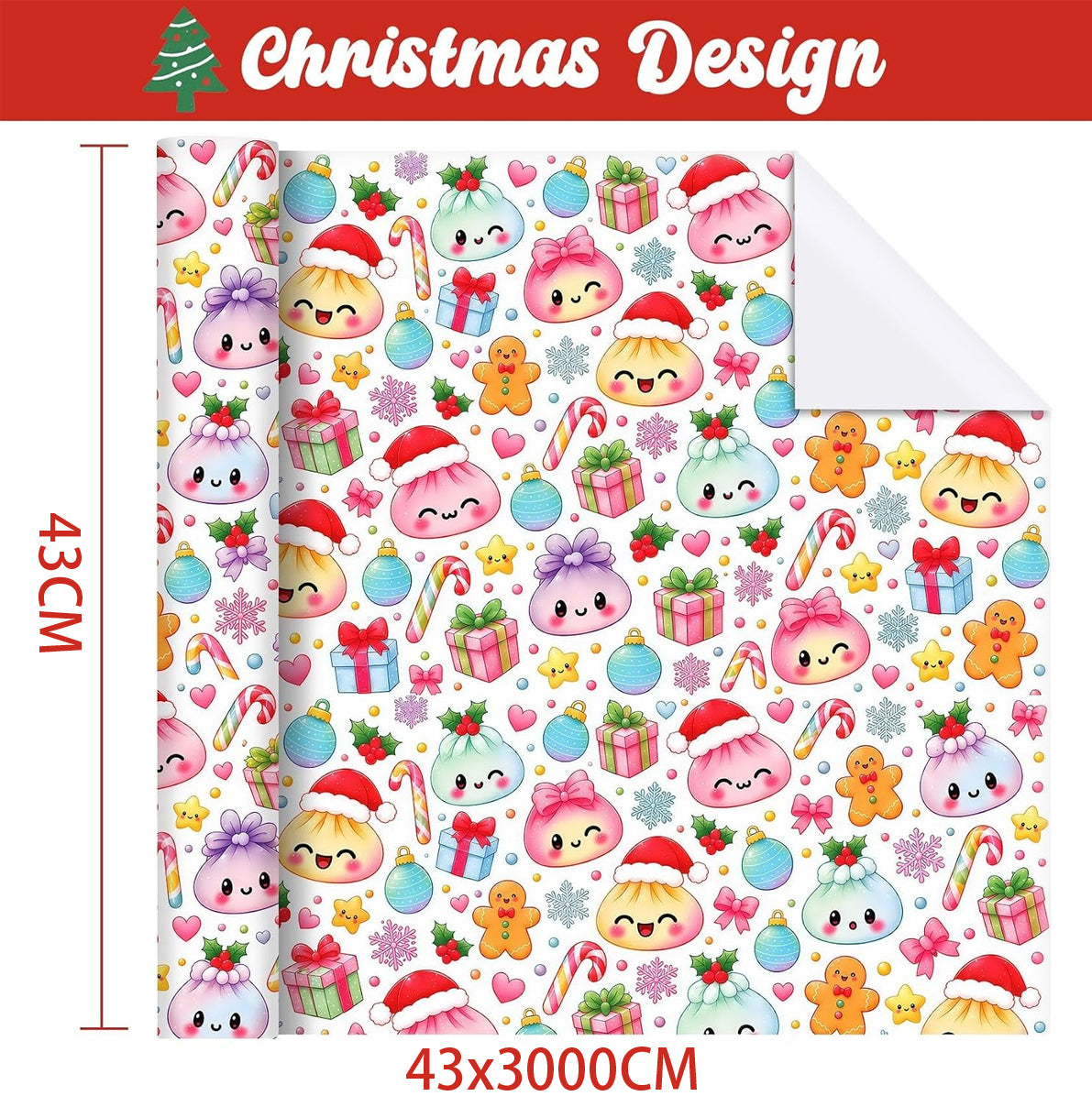 Christmas Cartoon Dumpling Gift Wrapping Paper Roll for Crafts