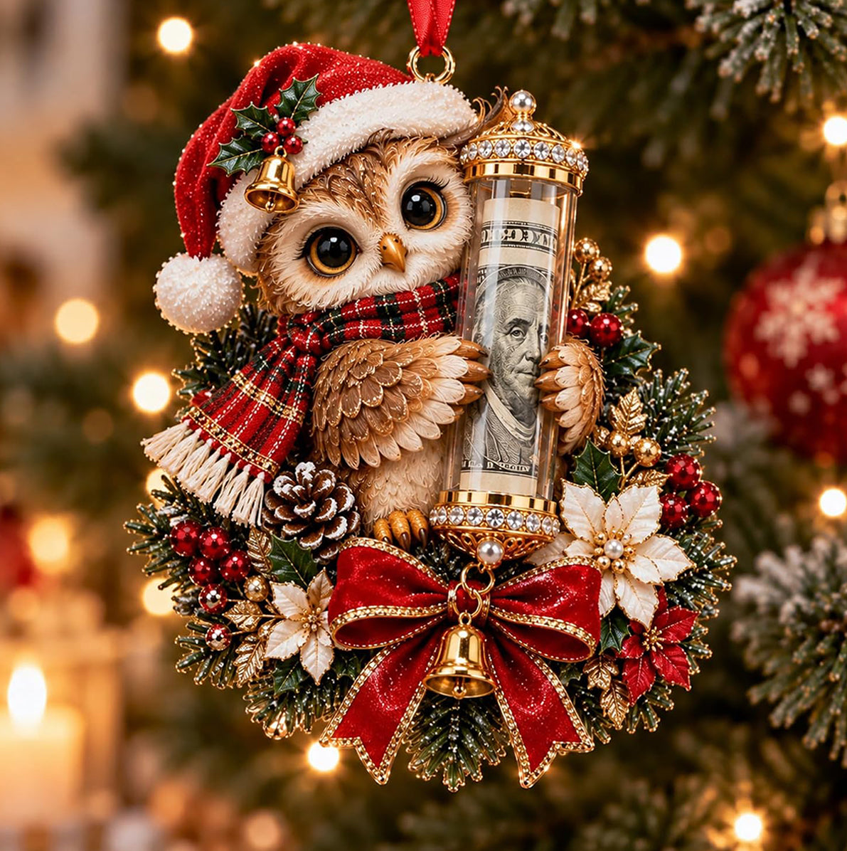 5 Piece Christmas Cash Holder Animal Ornaments with Clear Money Tubes