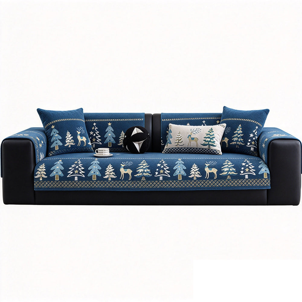 Christmas Deer Chenille Sofa Cover Scratch Resistant Sofa Protector - Blue