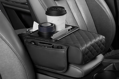 Car Armrest Cushion Organizer with Cup Holder Center Console Booster Pad-Black