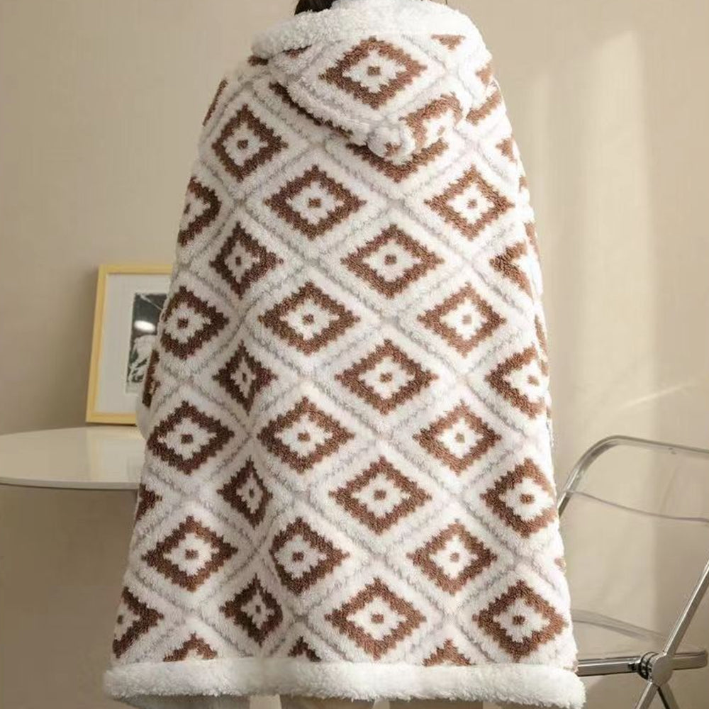 Winter Warm Blanket Jacquard Thickened Multi-Functional Blanket with Hood and Gloves Coffee
