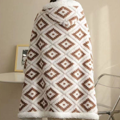 Winter Warm Blanket Jacquard Thickened Multi-Functional Blanket with Hood and Gloves Coffee