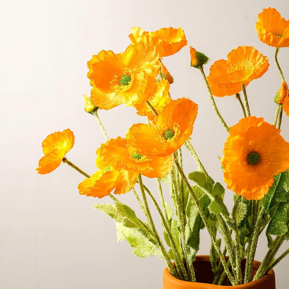 3Pcs 4-Head Artificial Corn Poppy Flowers Flocking Stem Bouquet Home Office Decor Orange