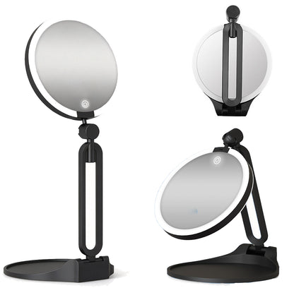 Portable Folding Double Sided LED Magnifying Makeup Mirror - Black