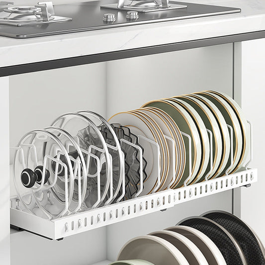 Horizontal Pull Out Organizer for Pots and Pans Sliding Storage Rack with Dividers for Kitchen White