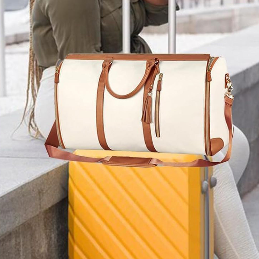 Water-Resistant Garment Duffle Bag Duffle Bag PU Leather Travel Bag -Beige