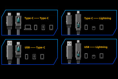 4 in 1 100W Multi Fast Charging Cable 1.5m Flat Braided USB C Cable with LED Display for iPhone Sam Sung MacBook Airpods Android Phone