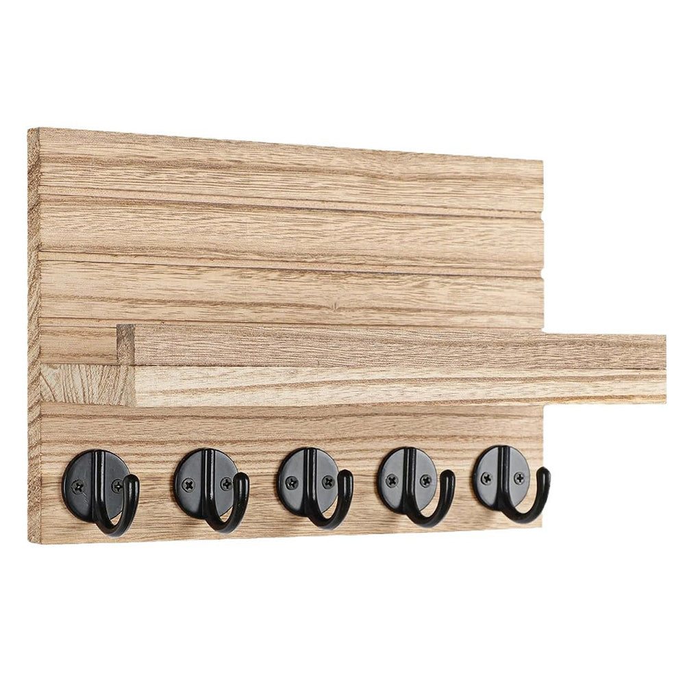 Rustic Wall Mounted Mail and Key Holder Organizer with Hooks for Entryway Wood Color