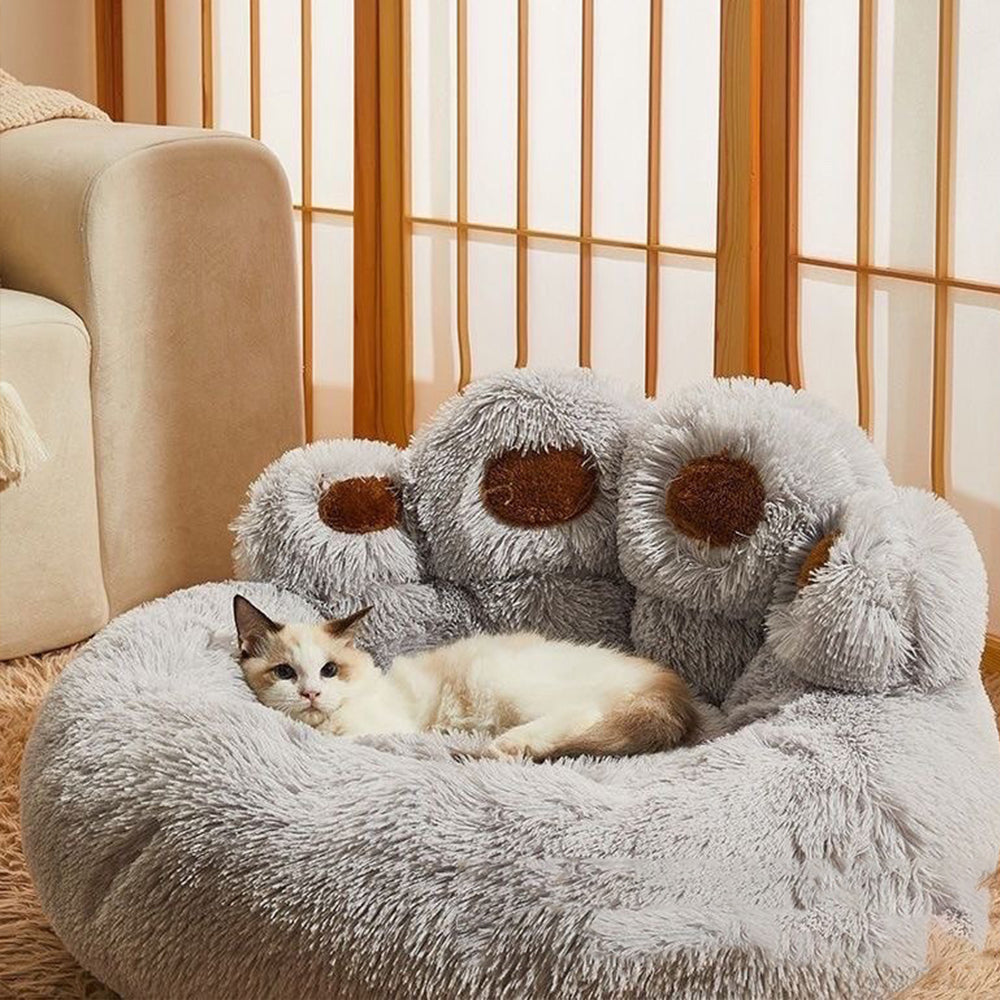 Calming Dog Bed Warm Soft Paw Shape Pet Bed Plush Cushion Bed for Dogs Cats-Grey