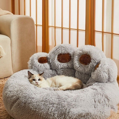 Calming Dog Bed Warm Soft Paw Shape Pet Bed Plush Cushion Bed for Dogs Cats-Grey