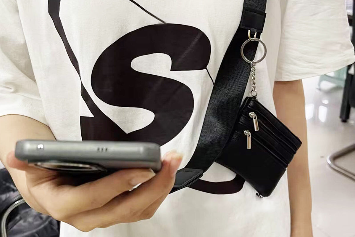 Phone Strap With Zippered Wallet Pouch Adjustable Phone Strap Crossbody Phone String-Black