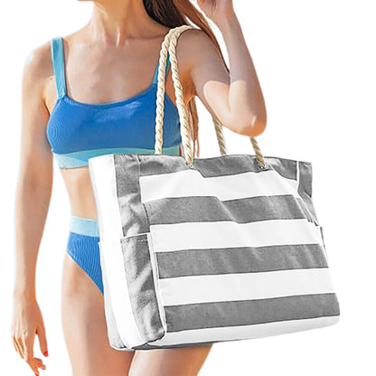 Large Striped Zipper Beach Tote Bag for Travel & Outdoor Vacations Grey