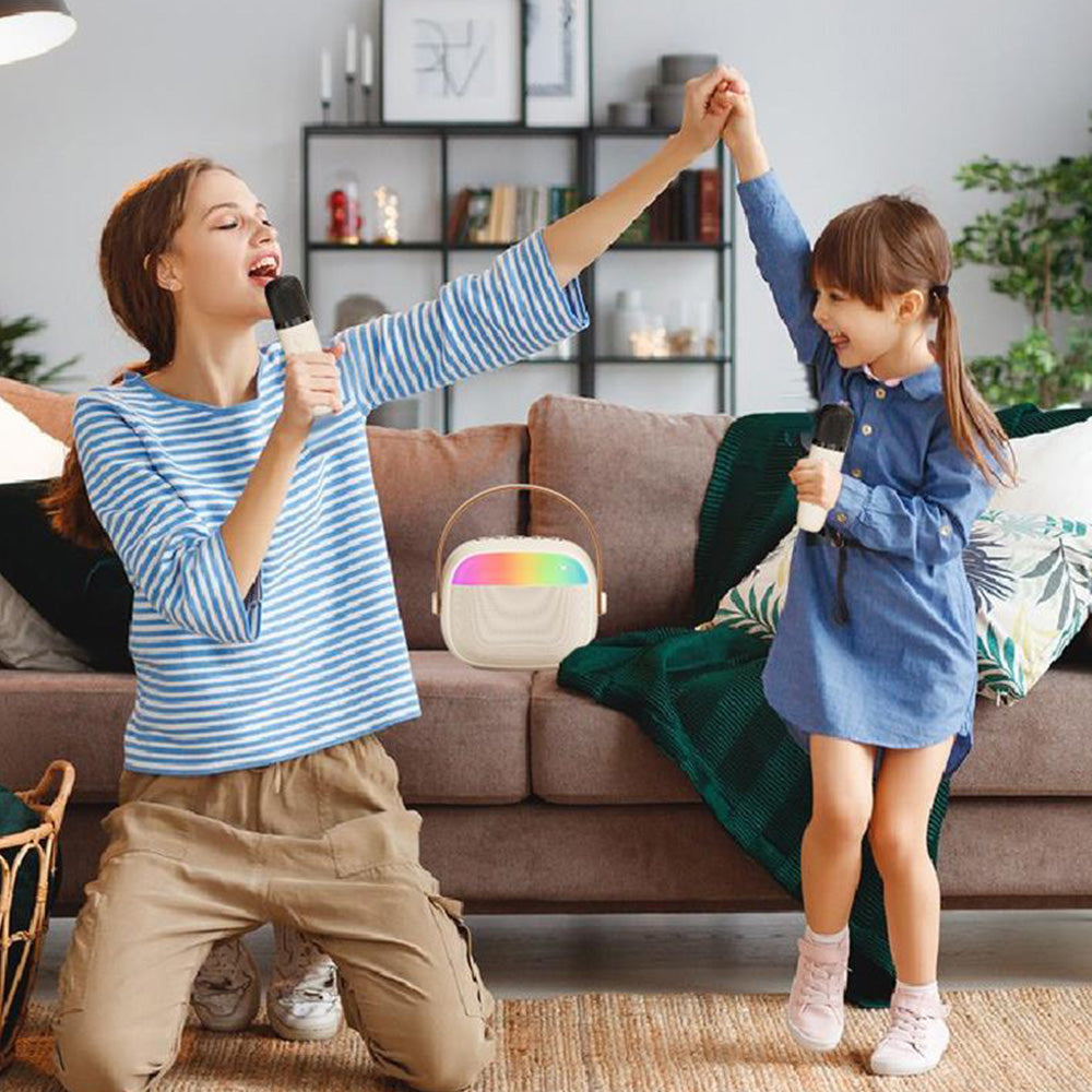 Mini Karaoke Machine with 2 Wireless Microphones Portable Bluetooth Speaker Singing Machine Beige