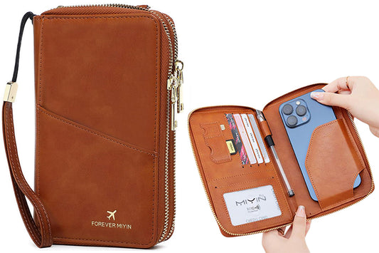 RFID Blocking Passport Wallet with Wristlet - Brown