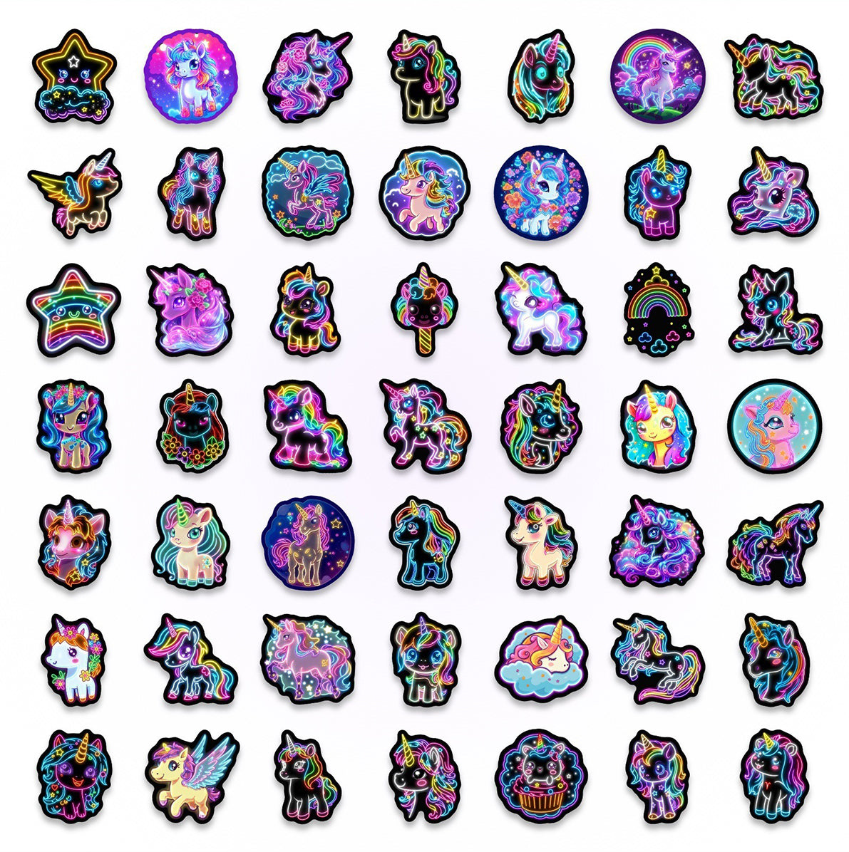 5 Sets Neon Unicorn Waterproof Stickers 50 Pieces Per Set for Water Bottles