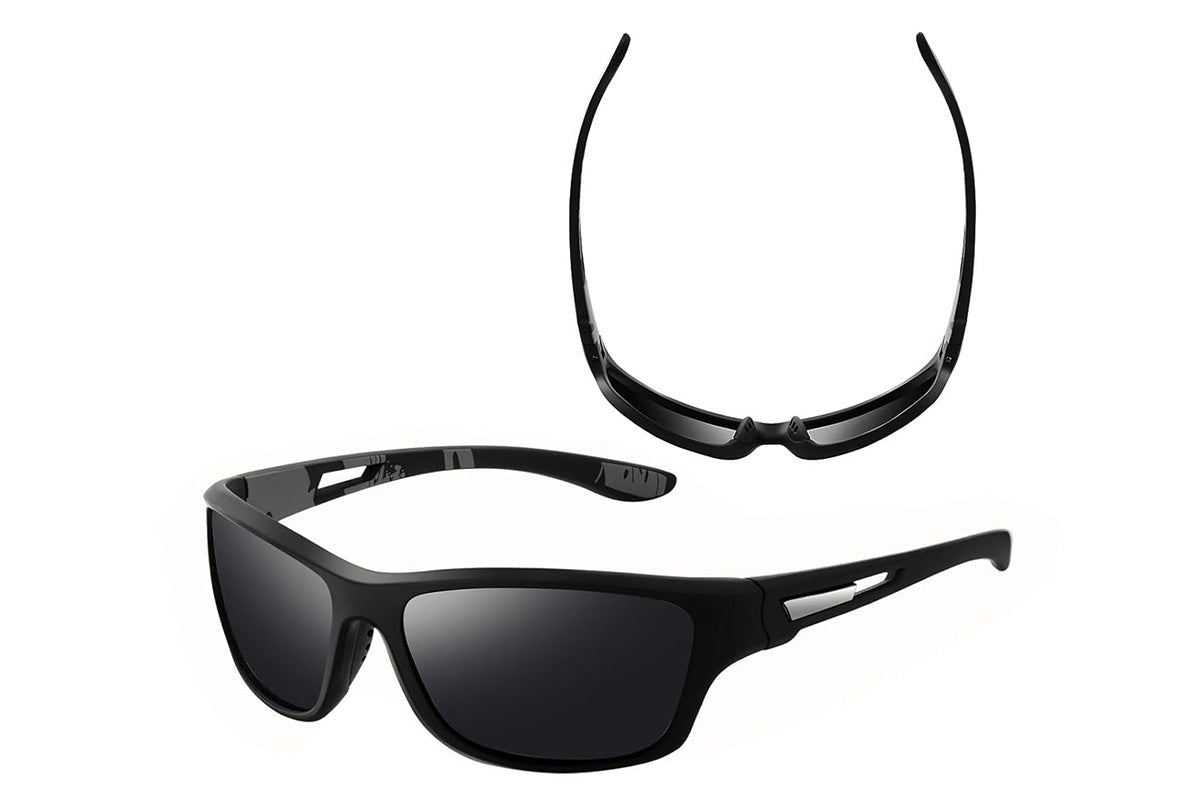 Men Sunglasses Polarized Glasses Fishing Wrap Around Eyewear with Strap and Zippered Case-Black