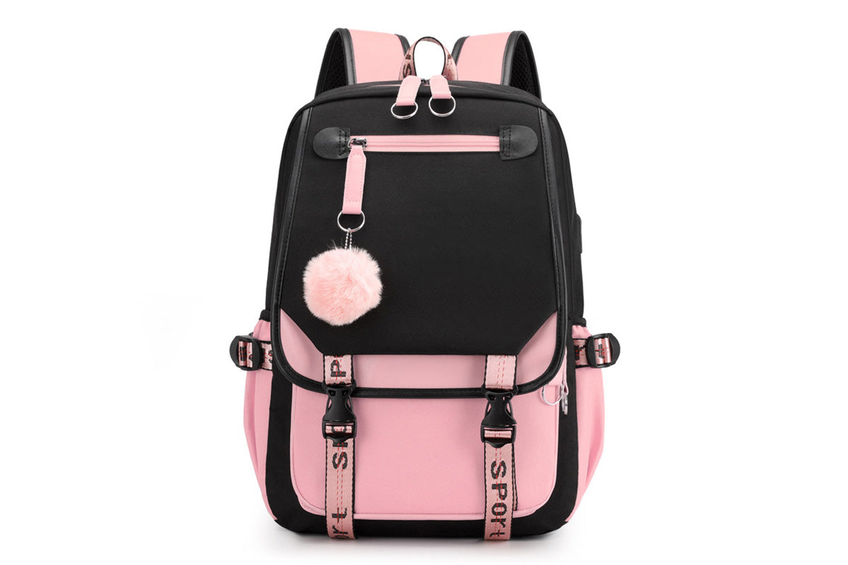 Girls Backpack Middle School Students Bookbag with USB Charge Port-Pink