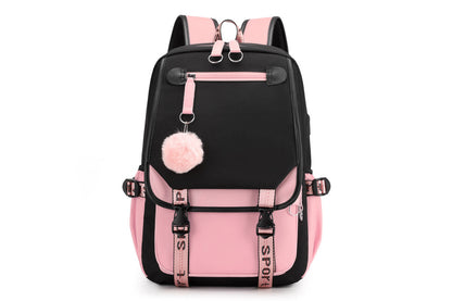Girls Backpack Middle School Students Bookbag with USB Charge Port-Pink