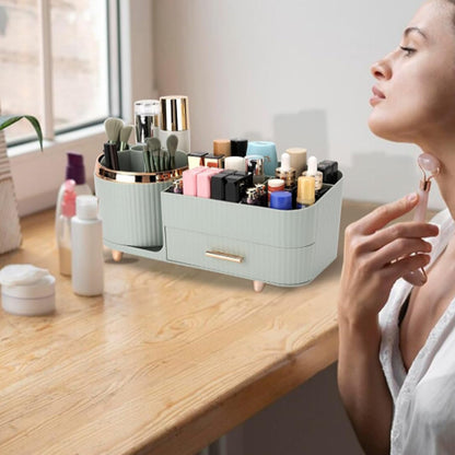 Rotating Makeup Organizer for Vanity with Brush Holder and Drawer Spinning Cosmetic Storage Case Green