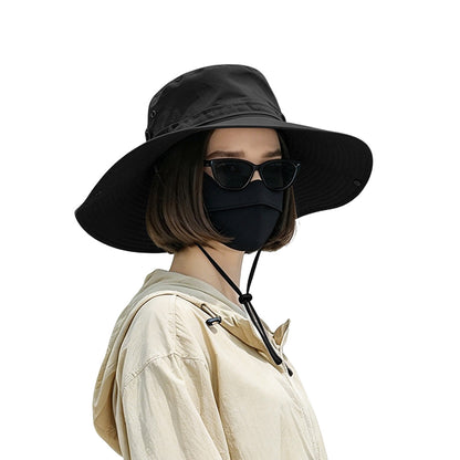 Foldable Wide Brim UV Sun Hat with Wind Strap for Fishing Hiking - Black
