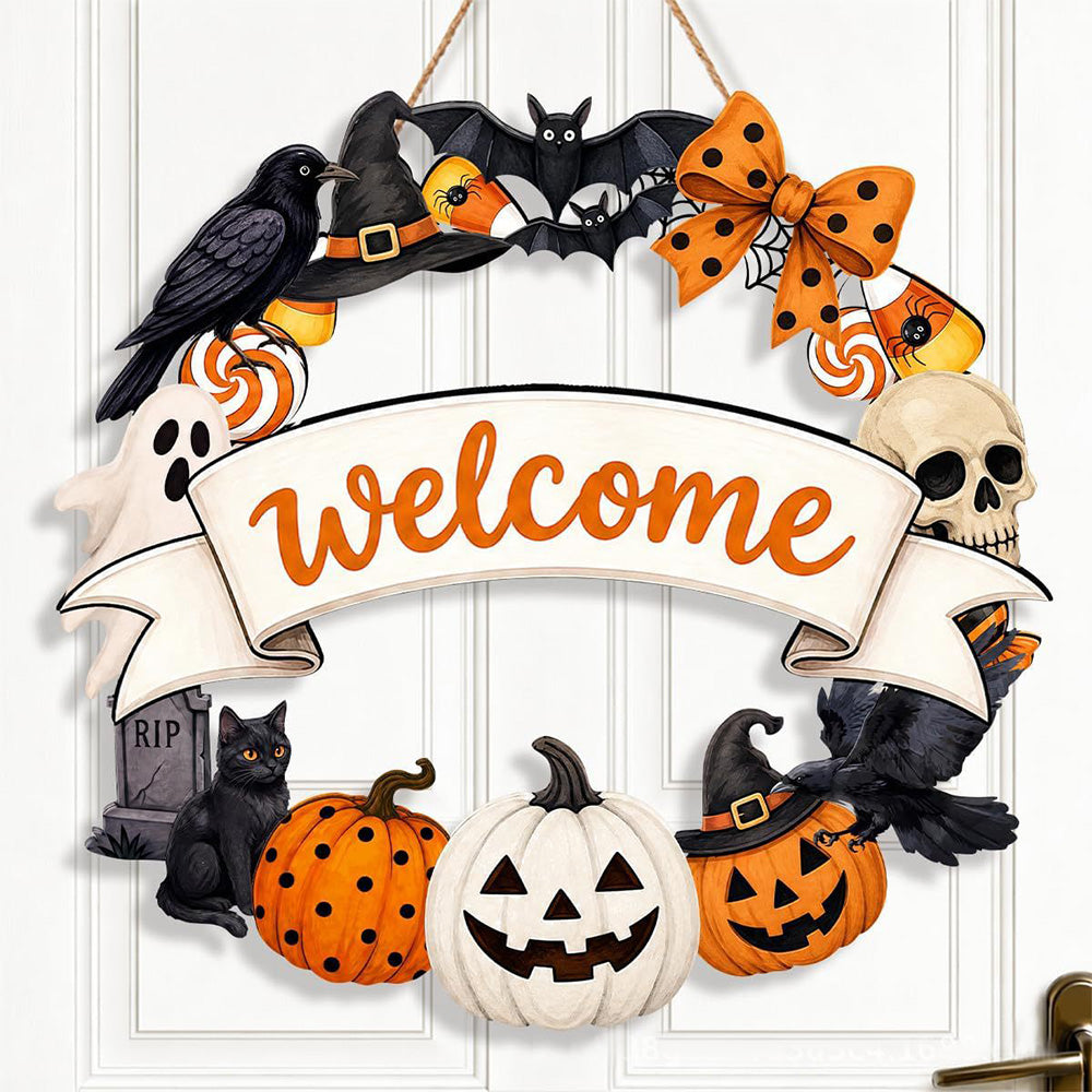 2 Pack Engineered Wood Halloween Ghost Pumpkin Hanging Door Signs - Welcome