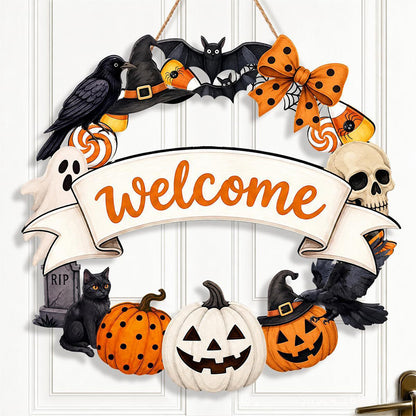 2 Pack Engineered Wood Halloween Ghost Pumpkin Hanging Door Signs - Welcome