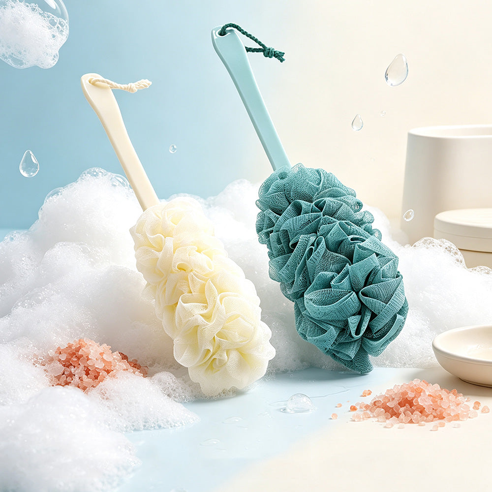 2Piece Long Handle Shower Bath Brush Set -Beige and Blue