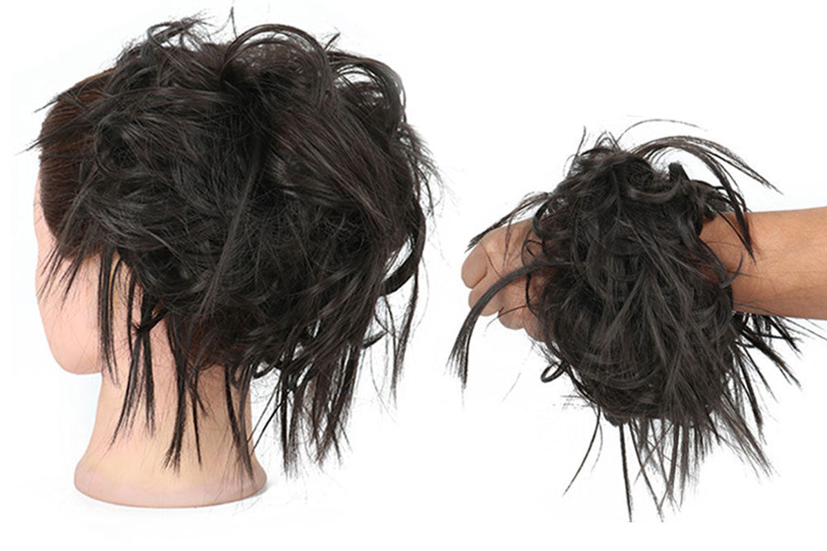 High-Temperature Fiber Curly Wavy Scrunchy Messy Hair Bun-Dark Brown