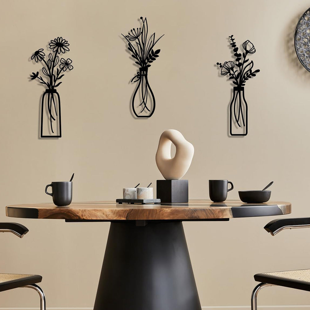 3Pcs Set Metal Flowers Wall Arts Minimalist Wall-Mount Flower Decors for Home Office Black