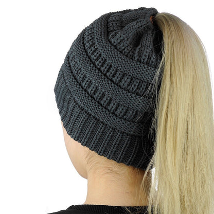 Winter Cable Knit Ponytail Beanie High Bun Crochet Hat - Grey