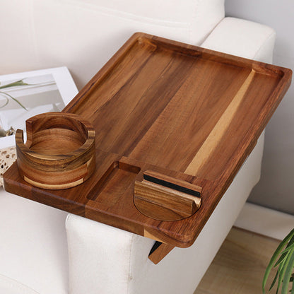 3-in-1 Wood Sofa Arm Tray Snap-on Couch Snack Cup Armrest Table with 360-Degree Rotating Phone Holder