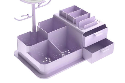 2Pcs Portable Makeup Storage Box With LED Light Up Mirror Storage Makeup Brushes-Purple And Pink