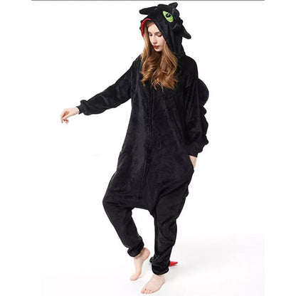 Adult Onesie Hoodie Animal Costume Pajamas Winter One-Piece Cosplay Sleepwear Black