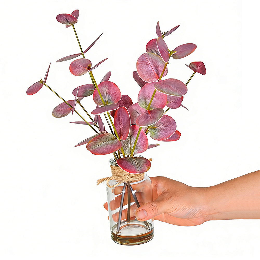 Realistic Artificial Eucalyptus Plant 3-Branch Faux Water Decorative Leaves-red