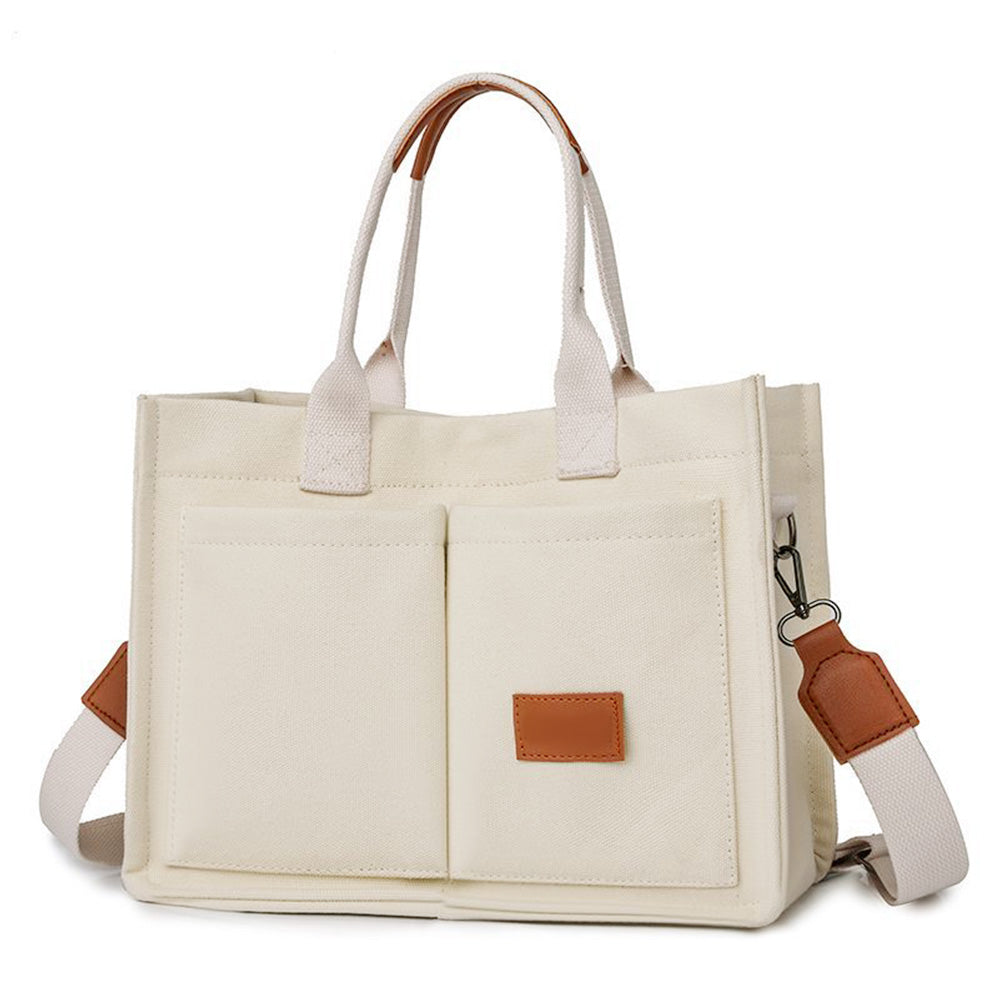 Canvas Tote Bag with Laptop Compartment Multi-Pocket Crossbody for Women Beige