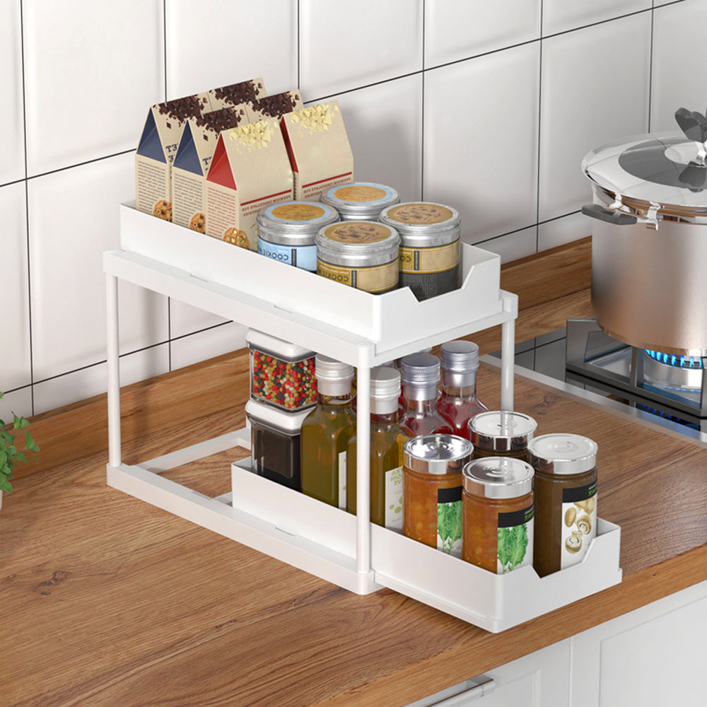 2-Tier Double Sliding Under Sink Organizers Bathroom Cabinet Shelf Organizer Storage Rack White