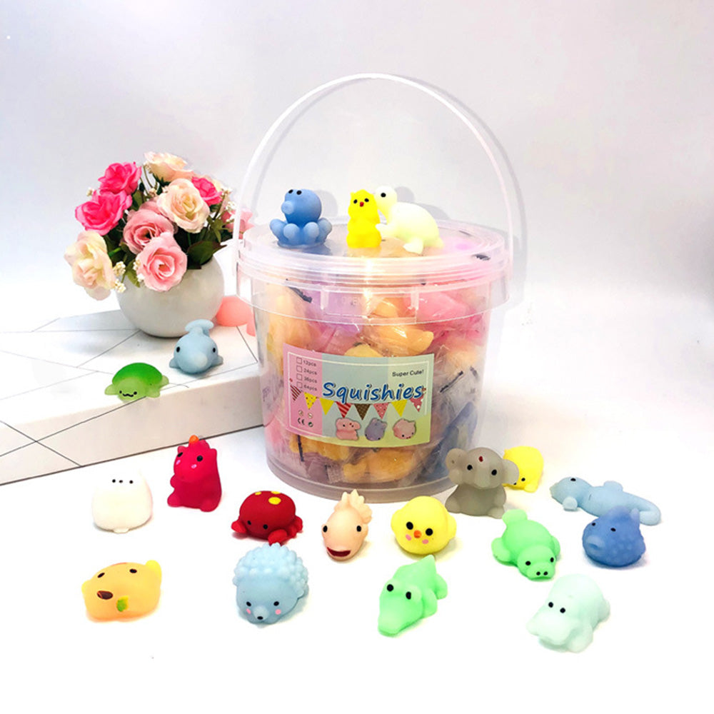 24Pcs Cute Animal Shape Soft Squeezable Toys with Storage Bucket Mochi Squishy Party Favors for Kids
