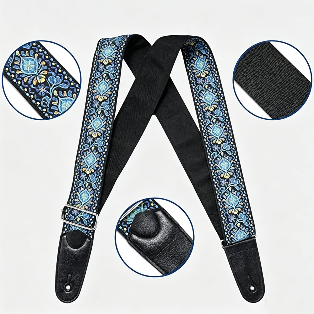 97-156cm Embroidered Acoustic Guitar Strap with 3 Picks- Blue