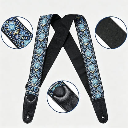 97-156cm Embroidered Acoustic Guitar Strap with 3 Picks- Blue