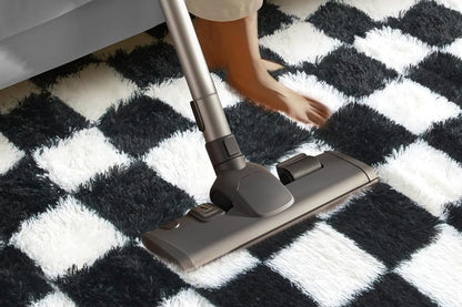 Checkered Plush Shaggy Rug Non Slip Carpet - Black