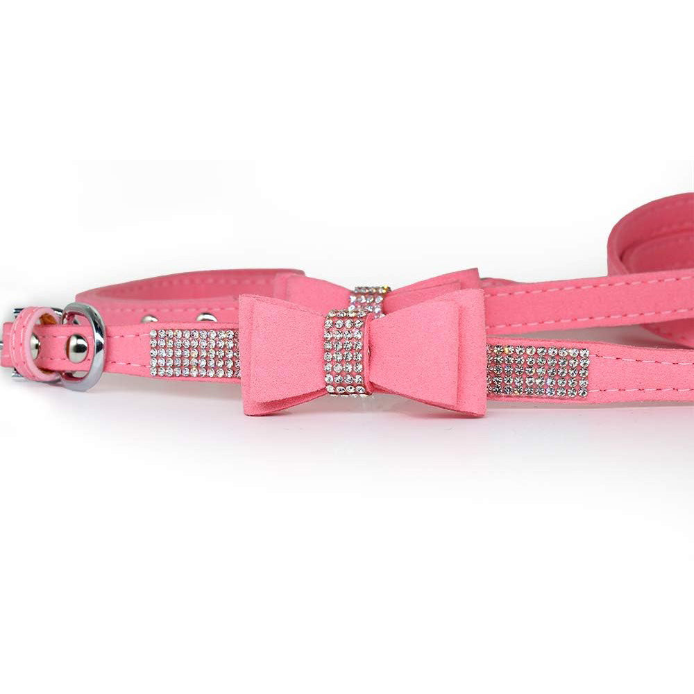 Dazzling Rhinestone Dog Collar and Leash Set with Bow Knot for Small Dogs and Puppies Pink