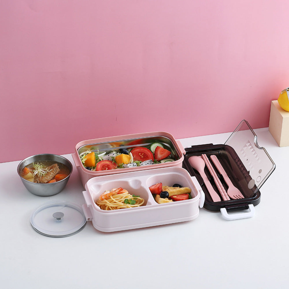 Stackable 3-Compartment Bento Box Lunch Containers with Dinnerware & Seal Cover Pink
