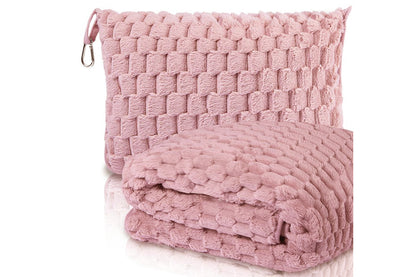 2 in 1 Jacquard Travel Pillow and Blanket Set Packable Travel Blanket for Airplane Car -Pink