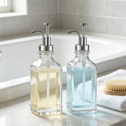 2 Pack 500ml Square Glass Syrup Soap Dispenser Bottles with Funnel - Silver
