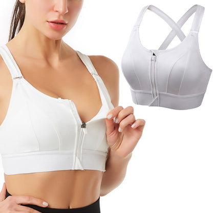 Adjustable Supportive Sports Bra with Front Zipper for Women-White